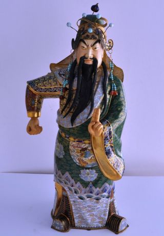 Antique Chinese Cloisonne Enamel Gilt Guangong Warrior God Dragon Statue 23 "