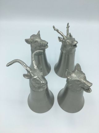 Vintage Set Of 4 Animal Head Stirrup Cups Goblets Silver Plate And Pewter