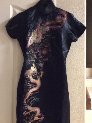 Authentic Vintage Black Silk Cheongsam/qipao Embroidered Design Chinese Dress