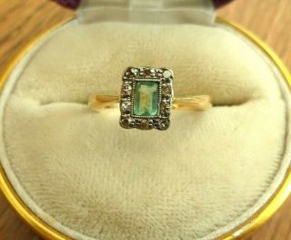 Vintage Jewellery Art Deco 18ct Gold Diamond & Green Beryl / Emerald Plaque Ring