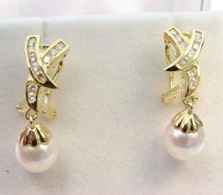 Estate Saltwater Akoya Pearls And.  35 Tcw Diamonds 14k Gold Dangle Earrings