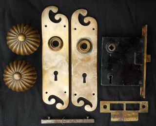 Antique Vintage Victorian SOLID Bronze Interior Door Lockset Knob Plate Lock 2