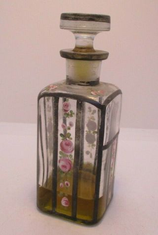 Sterling Silver Overlay Perfume Bottle Hand Painted Roses Flowers