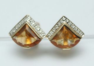 Pair 14kt Yellow Gold Triangular Citrine Stones & Diamonds,  Pierced Earrings Nr