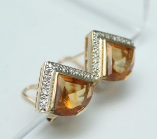 Pair 14kt Yellow Gold Triangular Citrine Stones & Diamonds,  Pierced Earrings NR 2