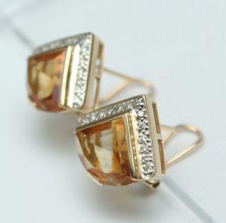 Pair 14kt Yellow Gold Triangular Citrine Stones & Diamonds,  Pierced Earrings NR 3
