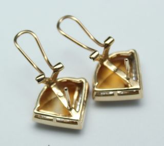 Pair 14kt Yellow Gold Triangular Citrine Stones & Diamonds,  Pierced Earrings NR 4