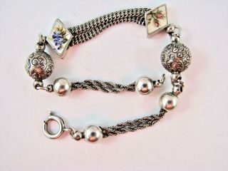 Antique Victorian Bracelet Sterling Silver Enamel Flowers Albertina Vgc