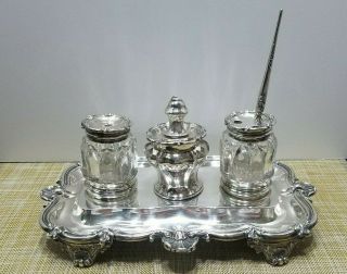 Antique 1856 Victorian William Stroud Sterling Silver Cut Glass Double Inkwell