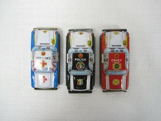 Vintage Tin Sheet Metal Nakamura NT Litho Toy Car Police Fire Chief Ambulance 3 5