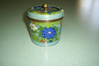 Vintage Chinese Cloisonne Canister Or Tea Caddy.  4 Inches.  Brass Finial