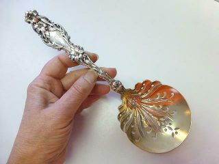 Art Nouveau Lily Flower Whiting Sterling Silver Pea Strainer Spoon Gilt Bowl