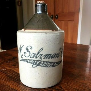 Antique / Vintage M.  Salzman Co - " Purity Above All " 1/2 Gal Ceramic Whisky Jug