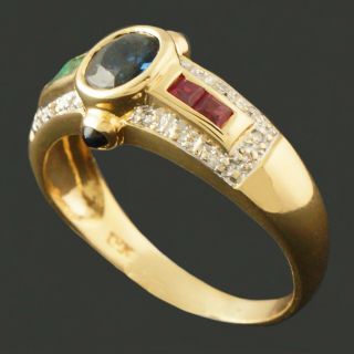 Unique Solid 18k Yellow Gold,  Sapphire,  Ruby,  Emerald & Diamond Estate Ring,  Nr