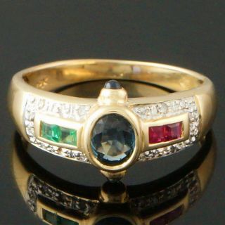 Unique Solid 18K Yellow Gold,  Sapphire,  Ruby,  Emerald & Diamond Estate Ring,  NR 2