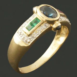 Unique Solid 18K Yellow Gold,  Sapphire,  Ruby,  Emerald & Diamond Estate Ring,  NR 5
