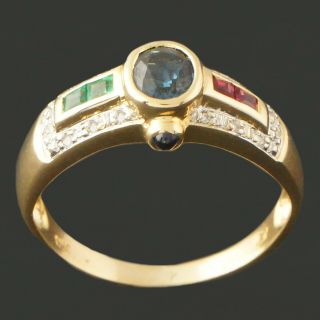 Unique Solid 18K Yellow Gold,  Sapphire,  Ruby,  Emerald & Diamond Estate Ring,  NR 6