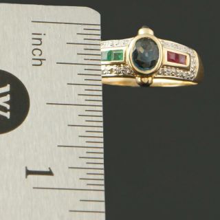 Unique Solid 18K Yellow Gold,  Sapphire,  Ruby,  Emerald & Diamond Estate Ring,  NR 9