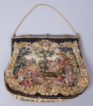 Estate Vintage Early 20c Figures In Landscape Hand Embroidered Petit Point Purse