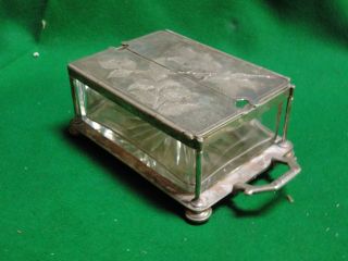 BUTTER DISH DATED 1880,  SCOTTISH ANTIQUE,  GLASS & SILVER PLATE,  MARKED 2