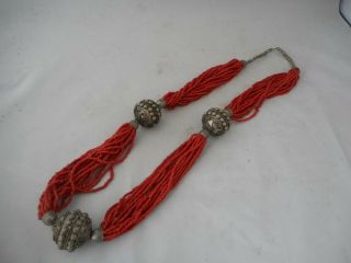 Unusual Vintage Asian Faux Coral Necklace With Metal Decoration