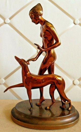 Vintage Art Deco Long Legged Nude Lady & Greyhound Dog - Ronson Metal Sculpture