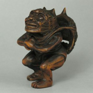 19th Japanese Handmade Boxwood Wood Netsuke " Demon Devil " Figurine Carving 02