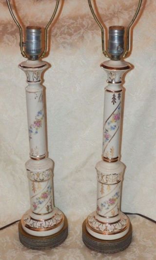 Vtg PR Matching Porcelain & Brass Candlestick Lamps Gold White Flowers Victorian 2