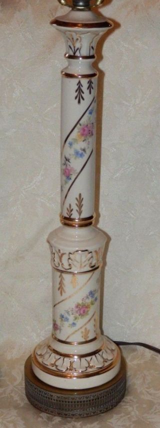 Vtg PR Matching Porcelain & Brass Candlestick Lamps Gold White Flowers Victorian 3