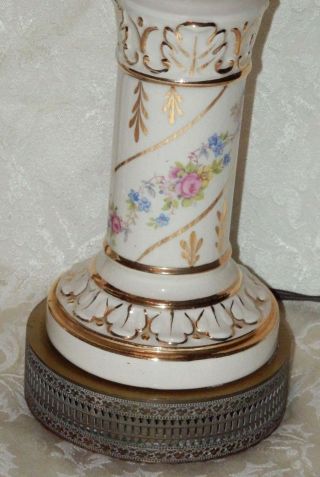Vtg PR Matching Porcelain & Brass Candlestick Lamps Gold White Flowers Victorian 4
