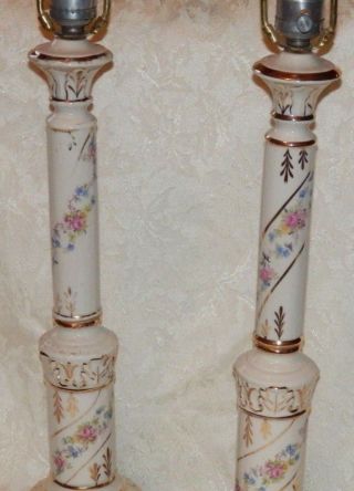 Vtg PR Matching Porcelain & Brass Candlestick Lamps Gold White Flowers Victorian 5