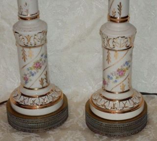 Vtg PR Matching Porcelain & Brass Candlestick Lamps Gold White Flowers Victorian 6