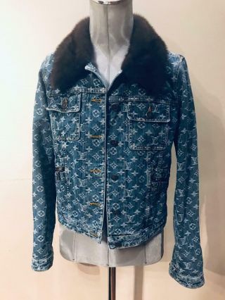 RARE Louis Vuitton Blue Monogram Mink Collar Jacket & Skirt Suit Size EU 36 2
