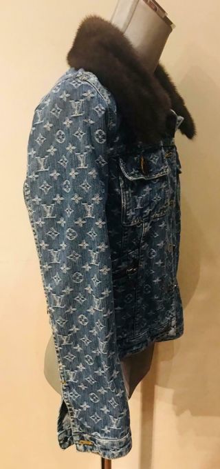 RARE Louis Vuitton Blue Monogram Mink Collar Jacket & Skirt Suit Size EU 36 3