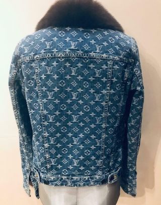 RARE Louis Vuitton Blue Monogram Mink Collar Jacket & Skirt Suit Size EU 36 4