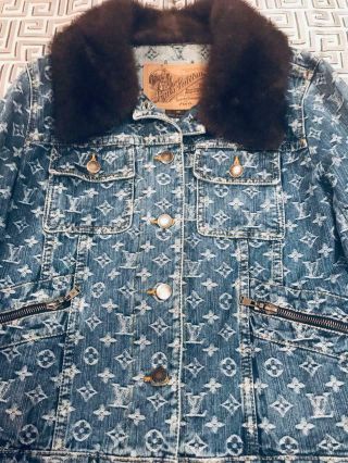 RARE Louis Vuitton Blue Monogram Mink Collar Jacket & Skirt Suit Size EU 36 5