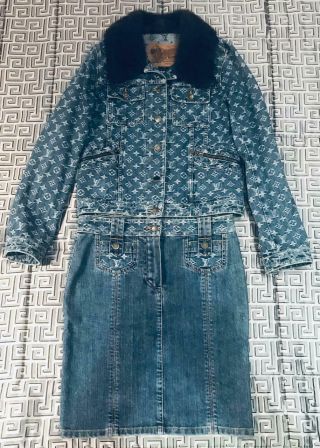 RARE Louis Vuitton Blue Monogram Mink Collar Jacket & Skirt Suit Size EU 36 7