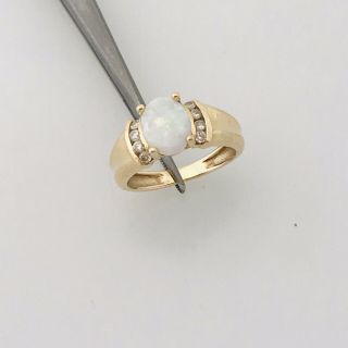 14k Yellow Gold Vintage Estate Oval Natural Opal And Round Diamond Ring Size 6