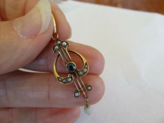 Antique 14k Rose Gold Sapphire & Seed Pearl Lavaliere Pendant 1 3/4 " Long