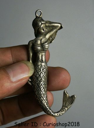 7.  5cm Antique Old China Silver Mermaid Sea - Maid Sea - Maiden Statue Pendant