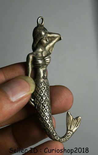 7.  5cm Antique Old China Silver mermaid sea - maid sea - maiden Statue Pendant 2