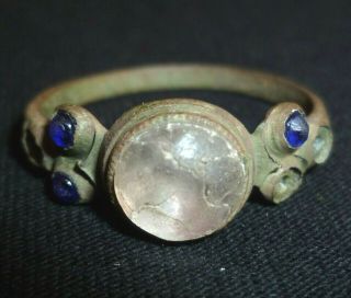 Viking Bronze Ring With Clear And Blue Gem - Circa 7th - 9th Century Ad /1080