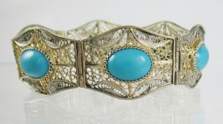 Vintage Gold Washed 800 Silver Turquoise Filigree Bracelet Large Statement 7 "