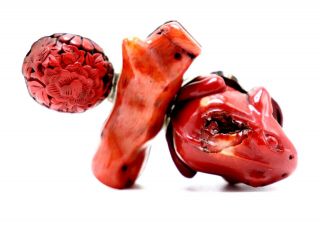 Rebecca Collins Signed Designer Statement Red Frog Carved Coral Cinnabar Pin