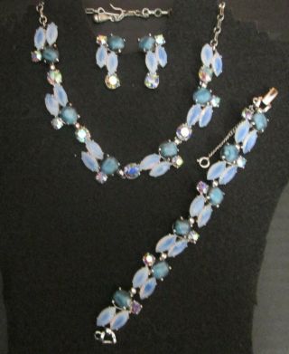 Vintage Signed Schiarpelli Blue Parure Jewelry Set Necklace Bracelet Earrings