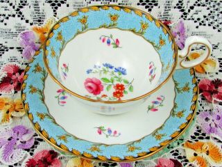Aynsley Aqua Floral Band Yellow Flowers Floral Tea Cup And Saucer