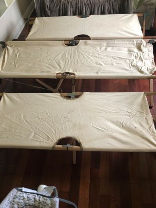 1944 World War Ii Ww2 Us Military Folding Portable Wooden Canvas Cot.  Set Of 3