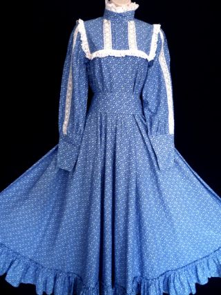 Welsh Vintage Laura Ashley Blue Floral Victorian Style Prairie Maxi Dress,  12 (16)