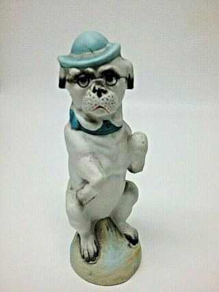 Antique German Bisque Pug Dog Figurine Sitting Up Wearing Hat & Eye Glasses