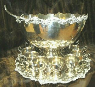Vintage Punch Bowl Set 15 Pc Silver On Copper Birmingham Silver Co Very Elegant